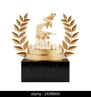 Podio, palco o piedistallo con corona d'oro e alloro e cubo vincitore del premio Cube con microscopio da laboratorio Golden Modern su sfondo bianco. Rendering 3d. Foto Stock