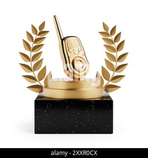 Vincitore del premio Cube Gold Laurel Wreath Podio, palco o piedistallo con ricetrasmettitore radio portatile Golden Walkie Talkie su sfondo bianco. Rendering 3d. Foto Stock