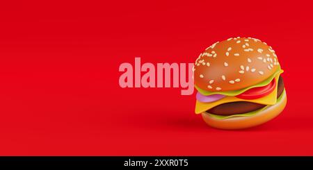 Icona Cartoon Premium Delicious Burger su sfondo rosso. Rendering 3d. Foto Stock