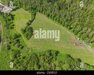 Vista aerea di un parco solare in costruzione nel mezzo di campi verdi e circondato da foreste in un ambiente rurale, costruzione del Black F. Foto Stock