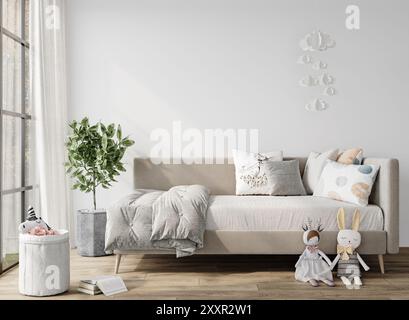 Mockup interno a parete vuota . Mockup a parete della camera per bambini. Sfondo interno di stile moderno. Rendering 3D. Foto Stock