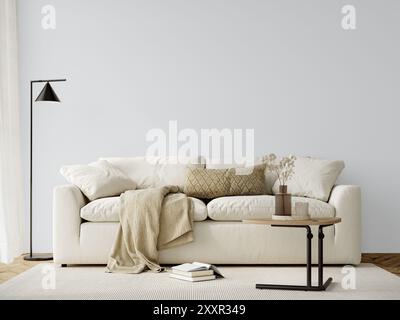 Mockup interno a parete vuota . Mockup a parete del soggiorno. Sfondo interno di stile moderno. Rendering 3D. Foto Stock