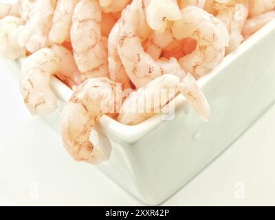 Gamberi pelati, isolati in un recipiente bianco Foto Stock
