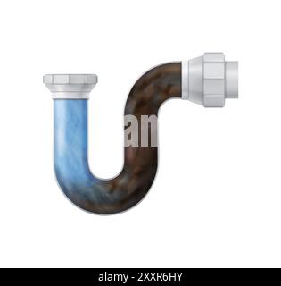 Intasamento e acqua nel tubo di scarico del lavandino in plastica. Il bagno e il tubo idraulico della toilette sono bloccati con il drenaggio. Pulizia vettoriale 3d realistica con detergente e dissolve lo sporco e i rifiuti nelle condutture domestiche. Illustrazione Vettoriale