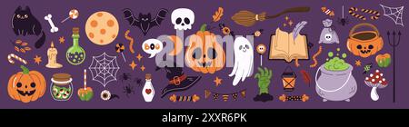 Set di icone vettoriali a colori piatti per i festeggiamenti di Halloween. Spaventoso pacchetto illustrativo per feste natalizie su sfondo viola Illustrazione Vettoriale