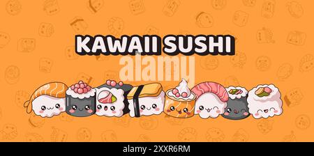 Sushi Kawaii con simpatici personaggi set di colori vettoriali banner design. Facce felici del tradizionale modello pubblicitario di composizione dei cartoni animati del cibo giapponese Illustrazione Vettoriale