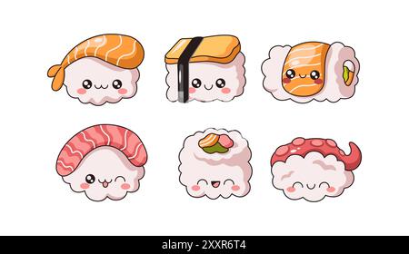 Divertenti sushi roll e sashimi, set di illustrazioni vettoriali a colori. Spuntini giapponesi Kawaii con volti personaggi sulla collezione bianca Illustrazione Vettoriale