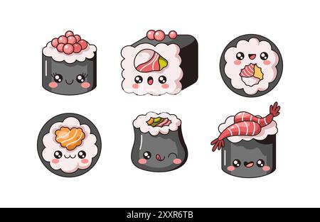 Panini di sushi Kawaii per bambini con un gustoso set di illustrazioni vettoriali di colore piatto. Prelibatezza giapponese. Il cibo asiatico tratta i personaggi della collezione bianca Illustrazione Vettoriale