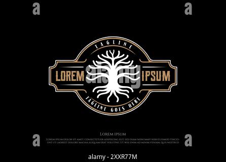 Logo Design Vector con logo e stemma della famiglia di aceri Banyan Root Oak Illustrazione Vettoriale