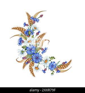 Fiori di mais blu, margherite bianche, orecchie di mezza corona di grano, illustrazione ad acquerello. Elemento di composizione botanica Wildflower isolato dallo sfondo Foto Stock