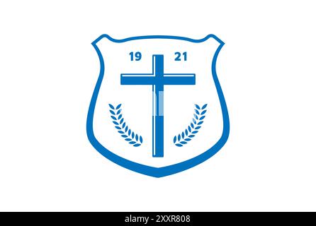Scudo Vintage retro con Jesus Christian Cross per la Chiesa Cappella Religion Logo Design Vector Illustrazione Vettoriale