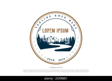 Vintage retro River Creek Mountain Pine Cedar Spruce Tree Forest Logo Design Vector Illustrazione Vettoriale