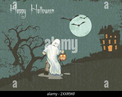 Un poster a tema Halloween con un fantasma che regge una zucca e una casa sullo sfondo. Il poster è intitolato "Happy Halloween" Illustrazione Vettoriale