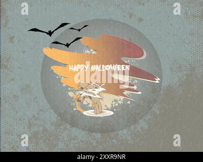 Una grafica di pipistrelli che volano nel cielo con un grande cerchio arancione e rosso al centro. Il cerchio dice "buon Halloween" Illustrazione Vettoriale