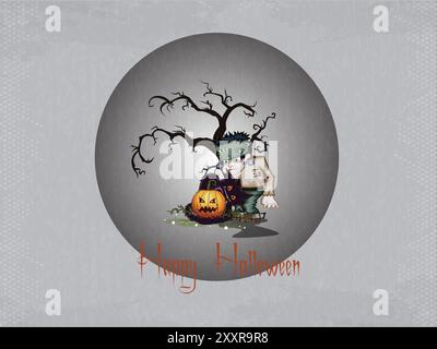 Un uomo è in piedi accanto a una zucca e a un albero. Il poster è intitolato "Happy Halloween" Illustrazione Vettoriale