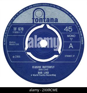 45 RPM 7' etichetta discografica britannica di Elusive Butterfly di Bob Lind sull'etichetta Fontana dal febbraio 1966. Scritto da Bob Lind. Prodotto da Richard Bock. Foto Stock