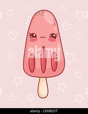 Gelato rosa su bastoncino. Carino e dolce personaggio dei cartoni animati kawaii. Illustrazione vettoriale. Collezione bambini Illustrazione Vettoriale