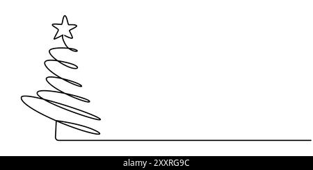 Una linea che disegna l'albero di Natale, un albero di Natale che disegna una linea, un elemento grafico a linea singola, un'illustrazione minimalista del vettore di linee di schizzo Illustrazione Vettoriale