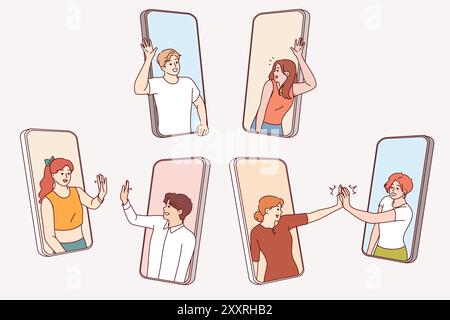 Le persone che utilizzano telefoni cellulari agitano le mani in modo amichevole e vogliono comunicare e conoscersi. Concetto di chat nei telefoni e utilizzo di social network per migliorare le relazioni con gli studenti Illustrazione Vettoriale