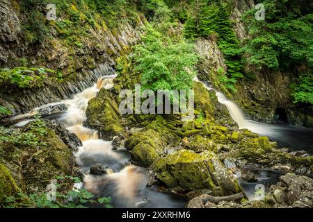 Conwy Falls on the Afon Conwy, o River Conwy, vicino a Betws-y-Coed, a Conwy, nel Galles del Nord. Foto Stock