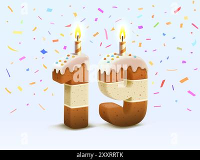 Buon compleanno, anniversario di compleanno della persona, candela con torta sotto forma di numeri 19. Vettore Illustrazione Vettoriale