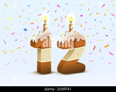 Buon compleanno, anniversario di compleanno della persona, candela con torta sotto forma di numeri 12. Vettore Illustrazione Vettoriale