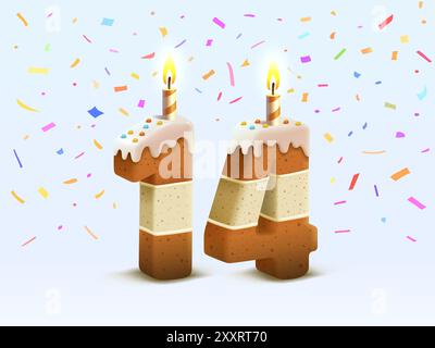 Buon compleanno, anniversario di compleanno della persona, candela con torta sotto forma di numeri 14. Vettore Illustrazione Vettoriale