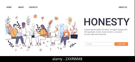 Honesty Mental Health Concept persone sedute con computer portatili e libri circondati da piante e fiori in un sito web di ambientazione simile a un giardino Illustrazione Vettoriale