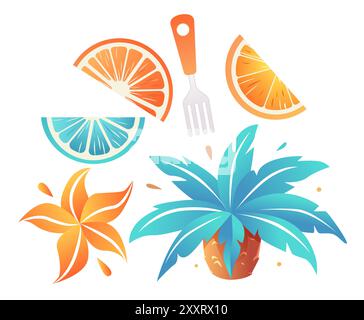 Elementi tropicali, tra cui agrumi a fette, fiori vivaci e piante lussureggianti in un colorato tema estivo Illustrazione Vettoriale