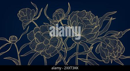 Motivo floreale Vector Gold su linea blu, sfondo artistico di lusso. Foglie e peonie carta da parati astratta, ornamento vegetale a trama, illustrazione di nozze Illustrazione Vettoriale