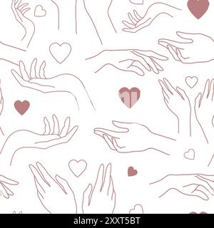 Vector Seamless Charity, Love pattern. Mani in fila che tengono in mano, danno cuori. Icone di assistenza alle persone, informazioni sulla comunità Illustrazione Vettoriale