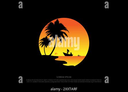 Sunset Palm Coconut Tree Beach silhouette Logo Design Vector Illustrazione Vettoriale