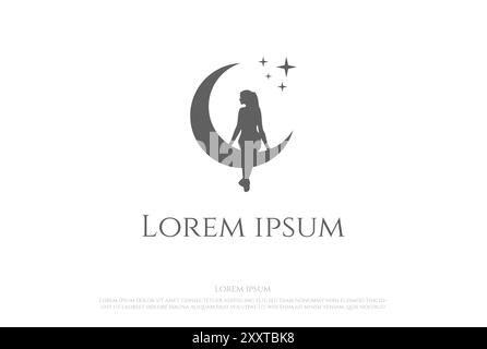 Pretty Beauty Angel Woman Girl Lady Female Crescent Moon silhouette Logo Design Vector Illustrazione Vettoriale