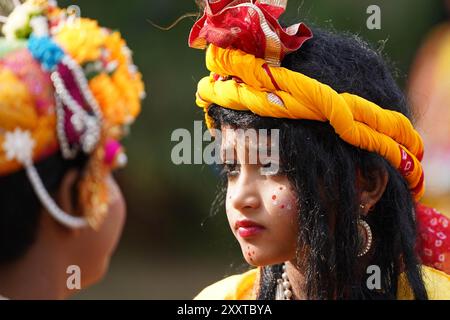 Ajmer, India. 24 agosto 2024. Bambini vestiti come divinità indù Radha e Krishna durante le celebrazioni del festival Janmashtami ad Ajmer, Rajasthan, India, il 26 agosto 2024. Festa di Janmashtami che segna il compleanno del Dio indù Krishna, celebrata ad Ashtami (ottavo giorno) del Krishna Paksha (due settimane buie) del mese santo di Bhadrapad (agosto-settembre) nel calendario indù. Foto di ABACAPRESS. COM credito: Abaca Press/Alamy Live News Foto Stock