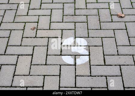 Primo piano del marciapiede pavimentato con il numero 3 dipinto di bianco. Foglie marroni e muschio verde riempiono gli spazi nella disposizione in pietra grigia. Foto Stock