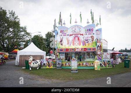 Un venditore alla fiera della contea di Dutchess che vende varietà di prodotti correlati al gelato. A Rhineback, New York nel 2024. Foto Stock