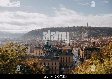 Vista panoramica di una città con fogliame autunnale. Foto Stock