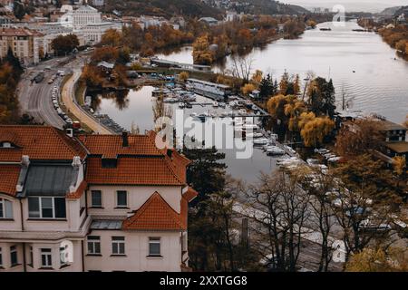 Praga, repubblica Ceca - 21 novembre 2023: Barche attraccate sul fiume panoramico a Vysehrad a Praga Foto Stock