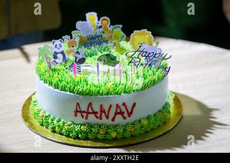 Splendida torta a tema foresta con ritagli di animali da diverse angolazioni Foto Stock