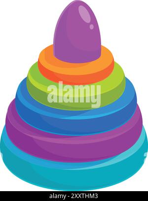 La colorata piramide giocattolo, composta da anelli impilabili in diversi colori, si trova su uno sfondo bianco Illustrazione Vettoriale