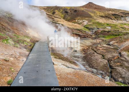 L'area geotermica di Hveradalir in Islanda in una soleggiata giornata primaverile con nuvole e cielo blu Foto Stock