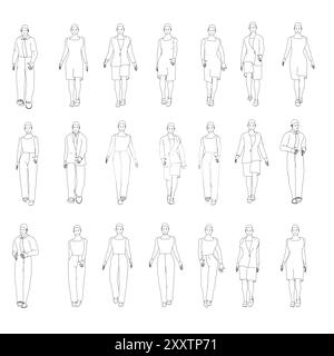 Ambientato con contorni di persone che camminano da linee nere isolate su sfondo bianco. Uomini e donne che camminano. Vista frontale. Illustrazione vettoriale. Illustrazione Vettoriale