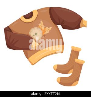 maglione marrone autunnale con foglie bianche di zucca e quercia e calze calde, composizione autunnale Foto Stock