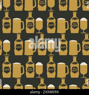 Bottiglia di birra e bicchiere di birra spumeggiante sfondo vettoriale senza cuciture. Bevande alcoliche disegnate a mano bottiglie e tazze sfondo geometrico. Caratteri retrò Illustrazione Vettoriale