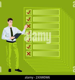 Uomo che ricerca i risultati del sondaggio per identificare e comprendere i problemi durante il processo decisionale. Concetto di business. Illustrazione vettoriale piatta. Illustrazione Vettoriale