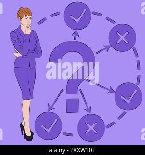 Una donna pensa ai problemi e alle domande durante il processo decisionale. Concetto di business. Illustrazione vettoriale. Illustrazione Vettoriale