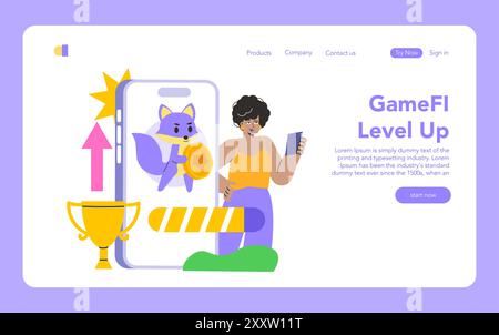 Concetto GameFi Level Up. Un utente interagisce con un gioco a tema cripto sul proprio telefono, guadagnando premi digitali e progredendo. Illustrazione vettoriale. Illustrazione Vettoriale