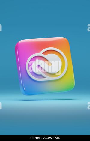 Buenos Aires, Argentina - 26 agosto 2024: Logo tridimensionale Adobe Creative Cloud isolato su sfondo blu. illustrazione 3d. Foto Stock