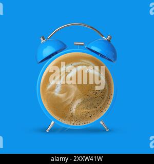 Sveglia luminosa con caffè anziché quadrante su sfondo azzurro Foto Stock