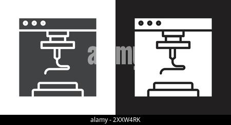 Icona della stampante 3d Flat impostata in bianco e nero con vettore di contorno Illustrazione Vettoriale